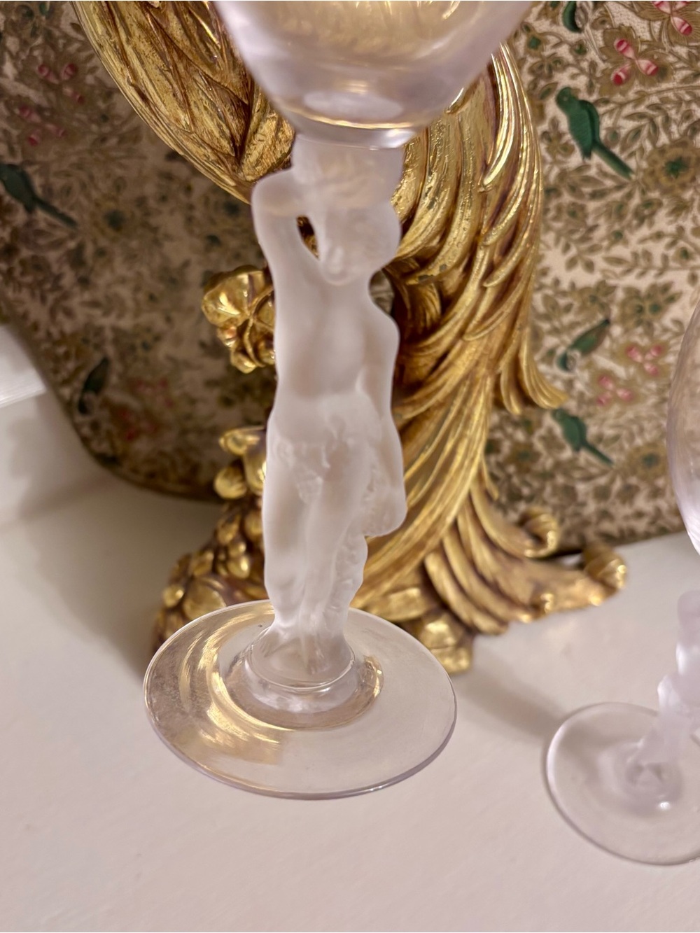 Vintage Bayel French Crystal Wine Glasses Frosted Nude Bacchus Bacchante Set 2